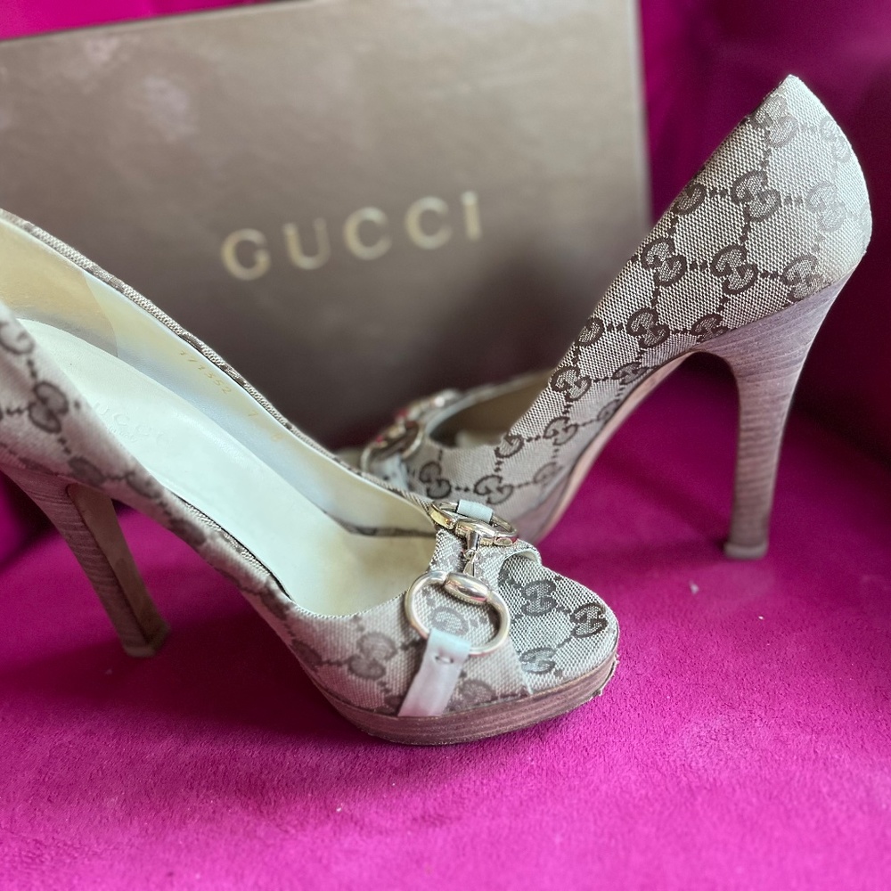 Gucci GG Horsebit Canvas Open-toe Platform Pumps Size 37